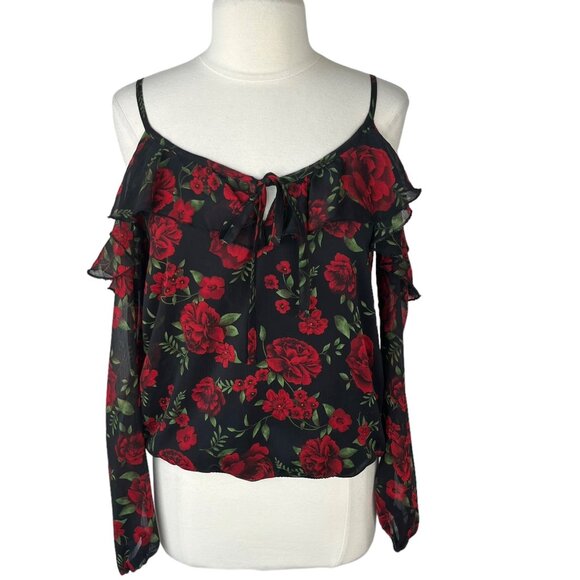 Disney Pixar CoCo Womens Blouse Shirt Black Red Floral Cold Shoulder Size Medium - Picture 1 of 9